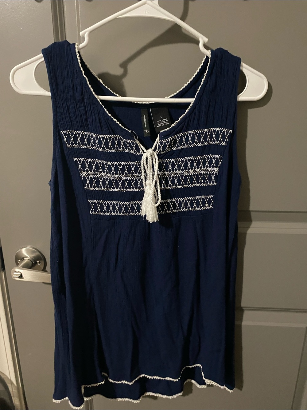 Navy Sleeveless Tank Top with White Embroidered Yoke and Tassel